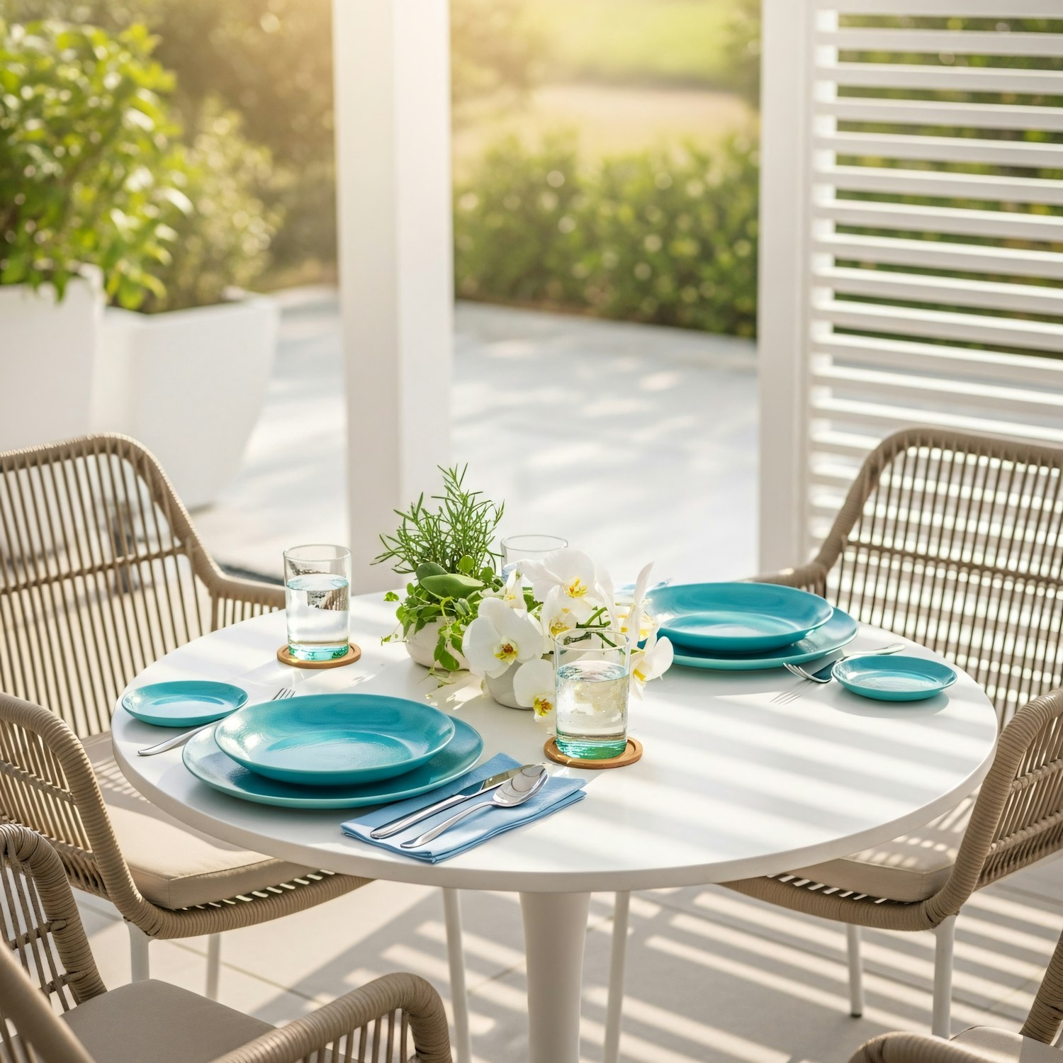 Terrace table set for lunch in warm afternoon sun