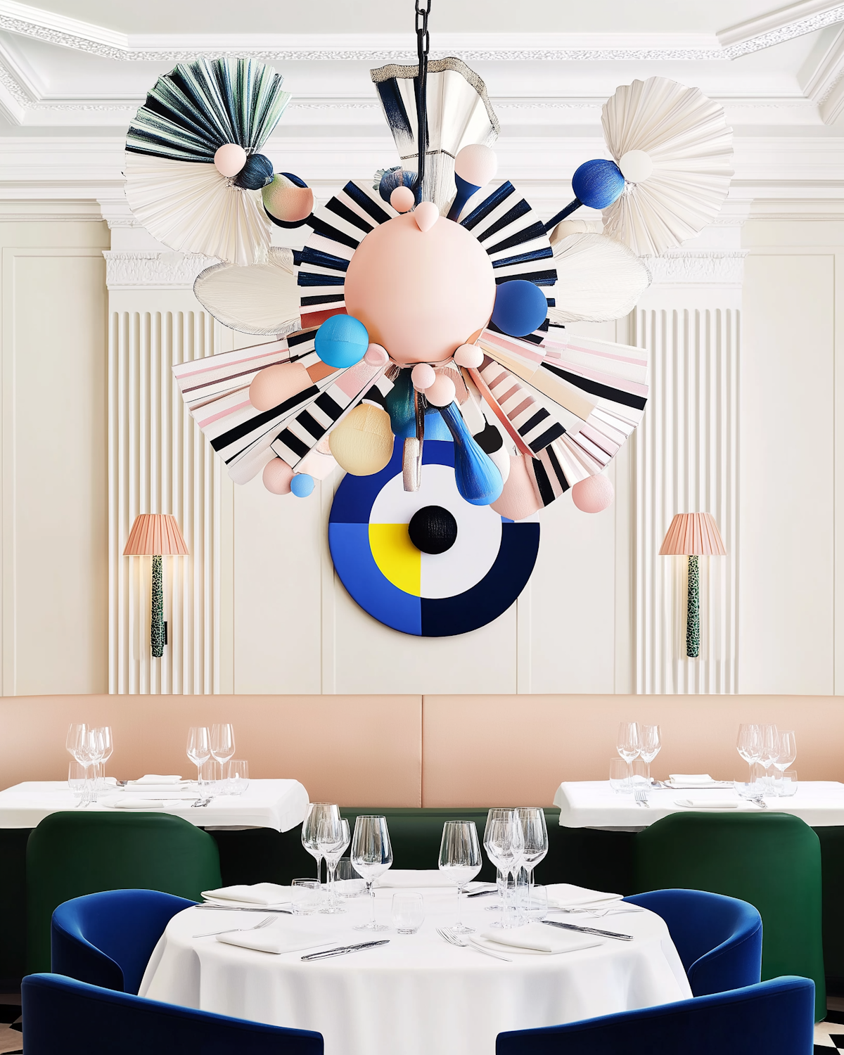 Dining room set for a gala dinner beneath a sculptural chandelier