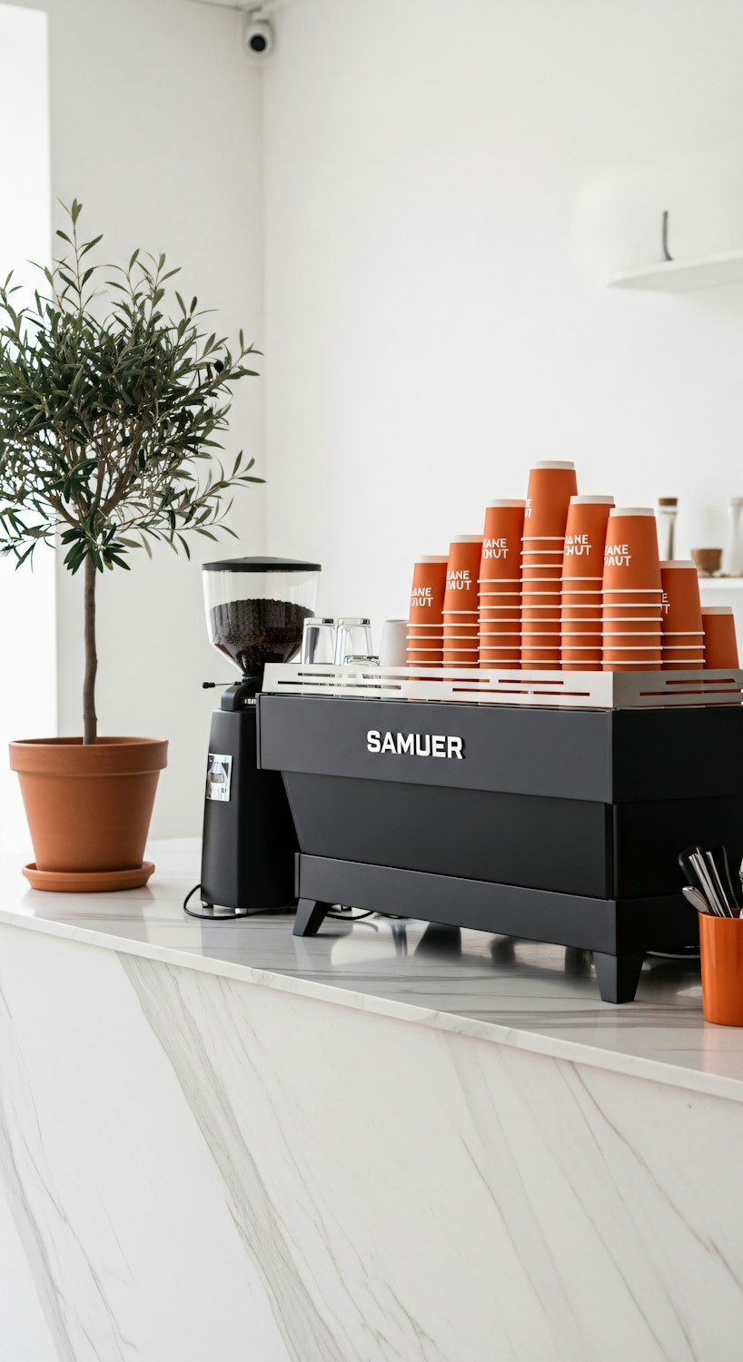 Espresso machine on a marble counter stacked with orange cups
