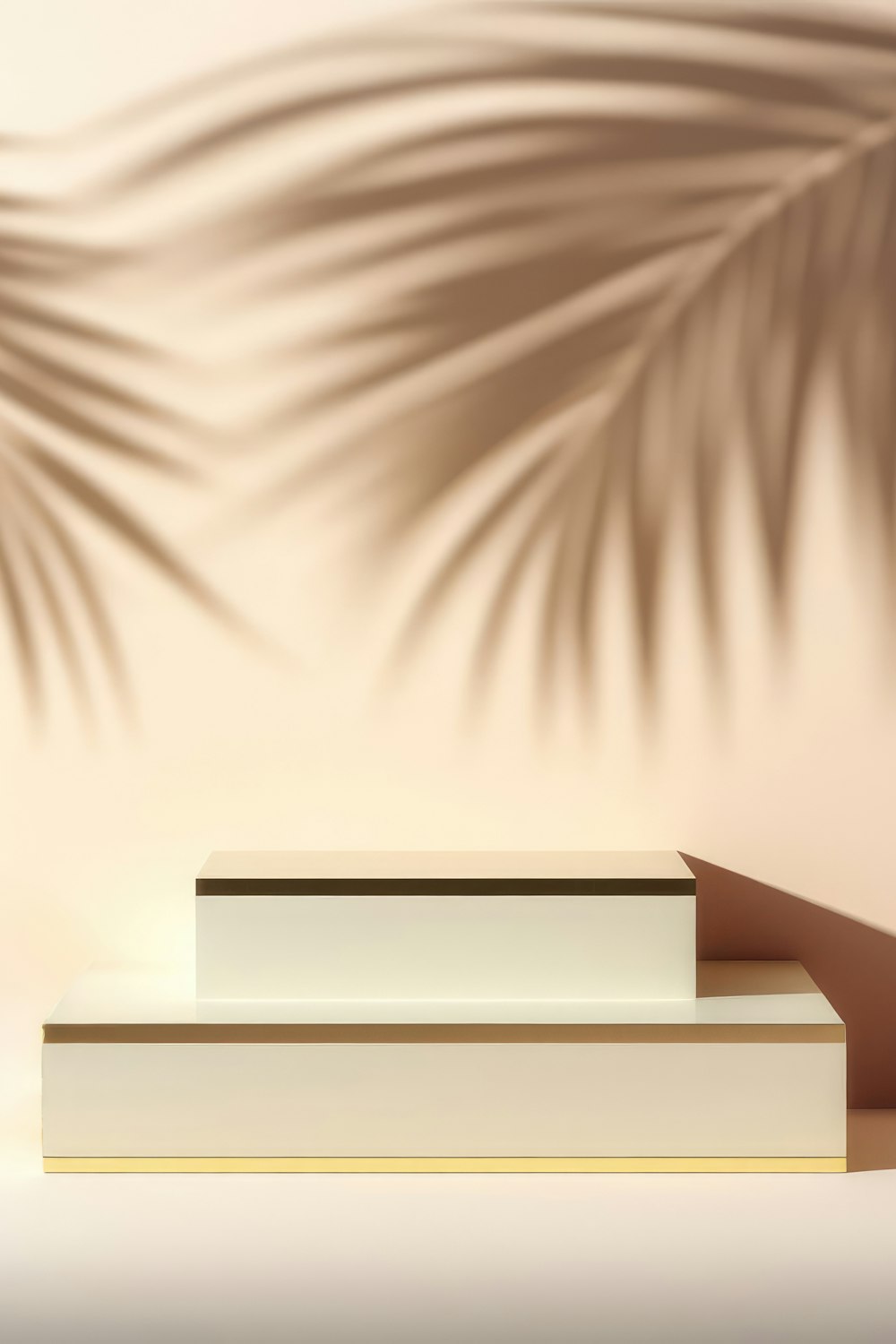 Cream and gold reveal podium against a warm wall with palm shadows